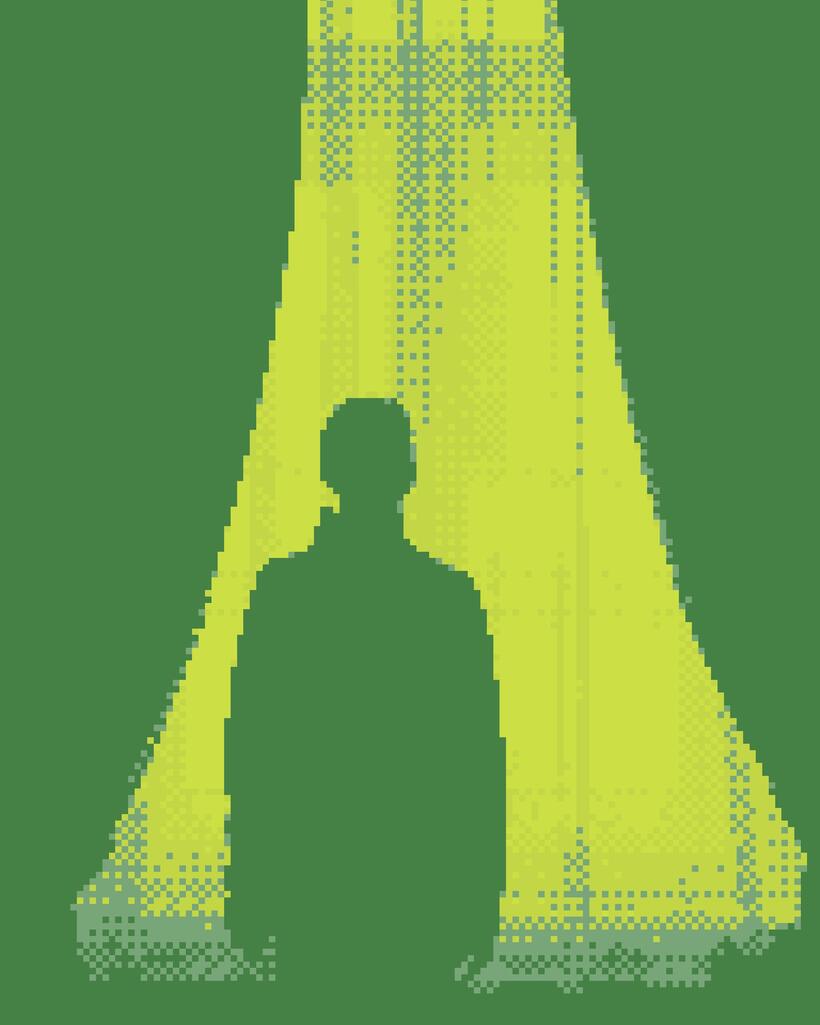 a backlit figure in front of a window, processed by the Pocket machine: your face as a 4-tone green blob