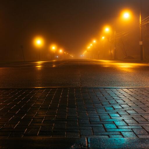 A wet street at night, unprocessed: the photo the 4 machines in this family start from.
