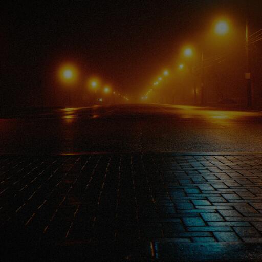 A wet street at night, processed by the Bengala machine: night neon that blooms into halos