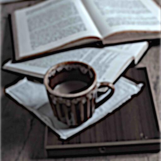 A coffee cup on an open book, processed by the Buffer machine: the blurry cyan webcam of 2002