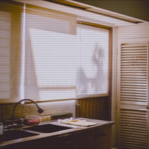 A kitchen window in daylight, processed by the Cinta machine: the family tape, not the security cam