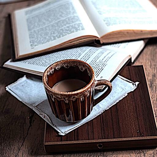 A coffee cup on an open book, processed by the Compacta machine: daytime digicam, blown out and sharp