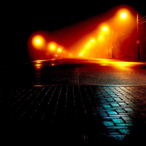 A wet street at night, processed by the Fogonazo machine: the sharp flash of the digital cam