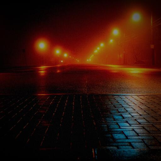 A wet street at night, processed by the Medianoche machine: the warm flash of the real party