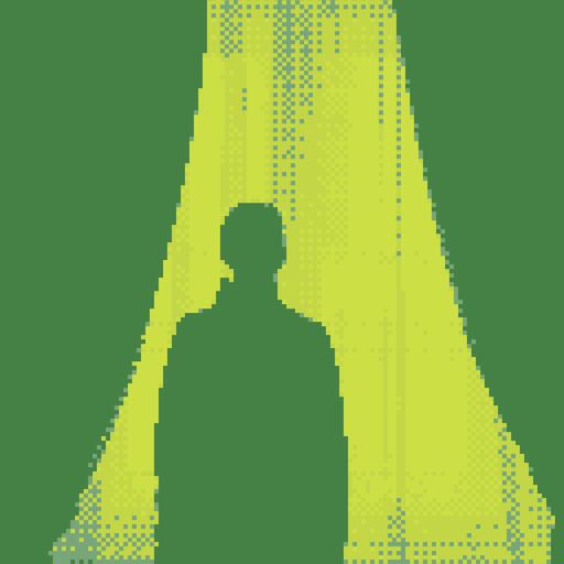 A backlit figure in front of a window, processed by the Pocket machine: your face as a 4-tone green blob