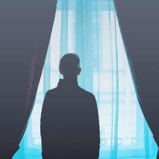 A backlit figure in front of a window, processed by the Vértice machine: old 3d, wobbly, lost in fog